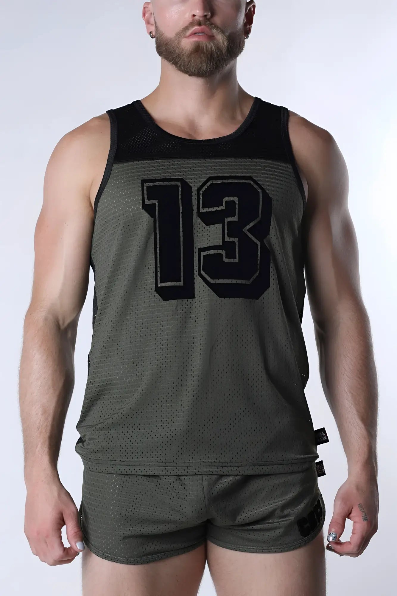 Starter mesh tank top olive green mesh tank top with black number 13 and matching shorts for athletic wear
