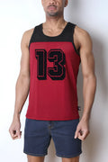 Red and black starter mesh tank top with textured fabric and bold black number 13 in classic sports jersey style