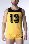 Yellow mesh athletic tank top with black trim and bold black number 13 in vintage sports jersey style by Starter