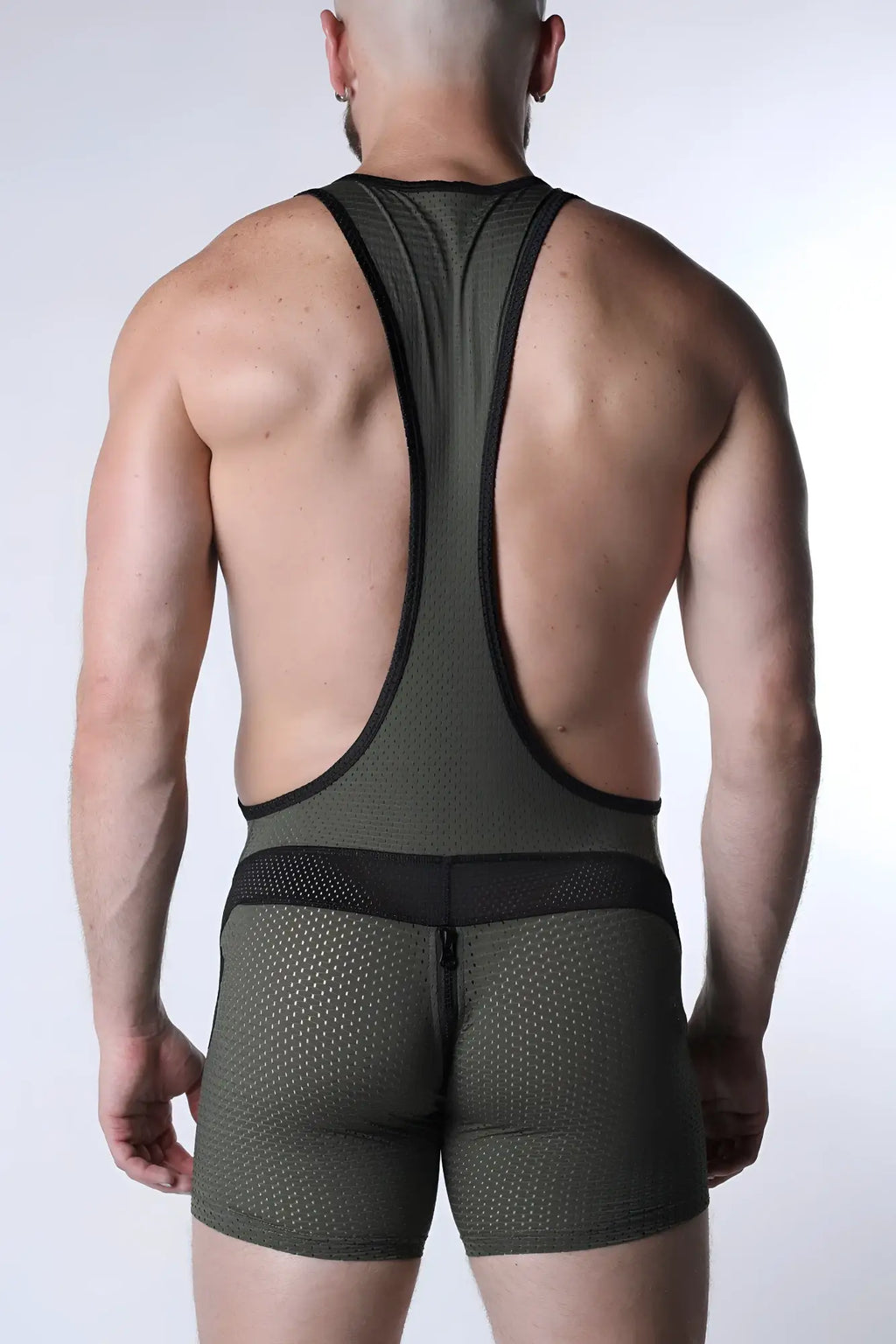 Back view of olive green mesh starter zipper singlet with black trim designed for athletic use