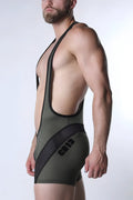 Olive green and black mesh cycling bib shorts with a sleek athletic design in the back view for comfortable performance