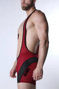 Starter mesh zipper singlet in red and black mesh fabric with a bold curved design on the side for wrestling