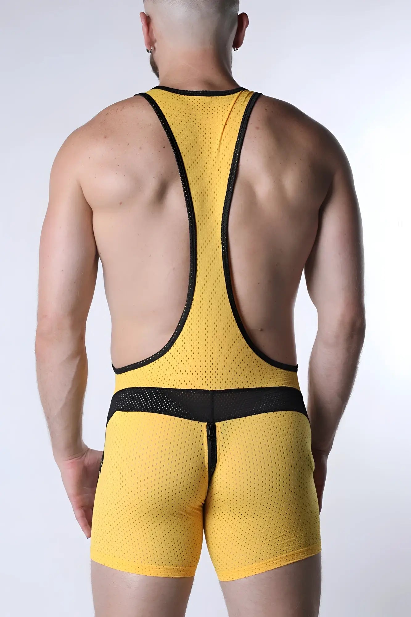 Starter mesh zipper singlet in yellow mesh with black trim and waistband for lightweight athletic wear