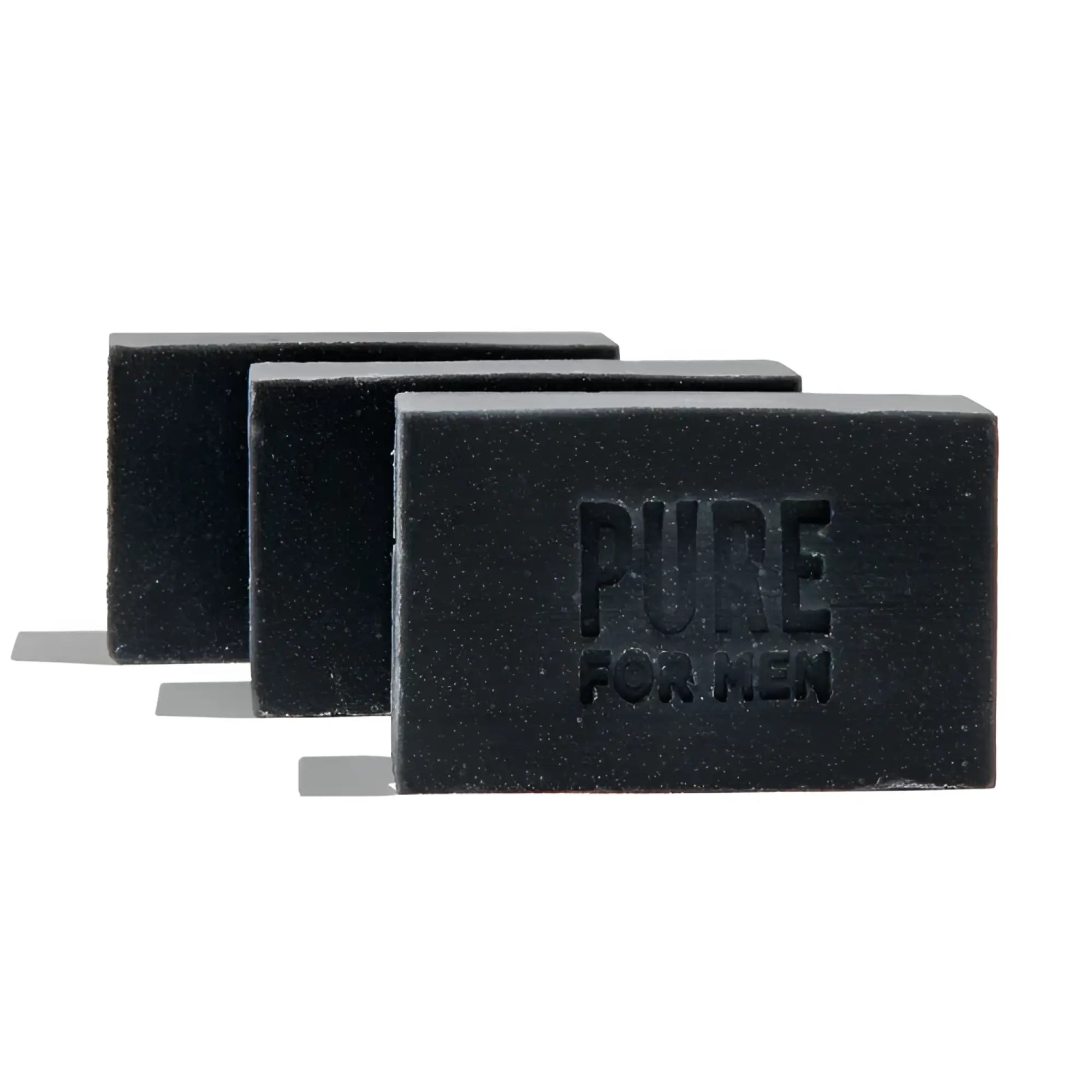 Three black rectangular bars of stay ready bar soap embossed with pure for men for daily cleansing