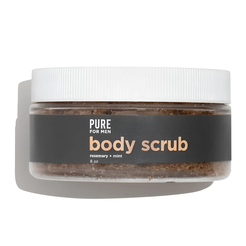 A clear jar with white lid containing brown granular body scrub labeled pure for men in stay ready scrub product