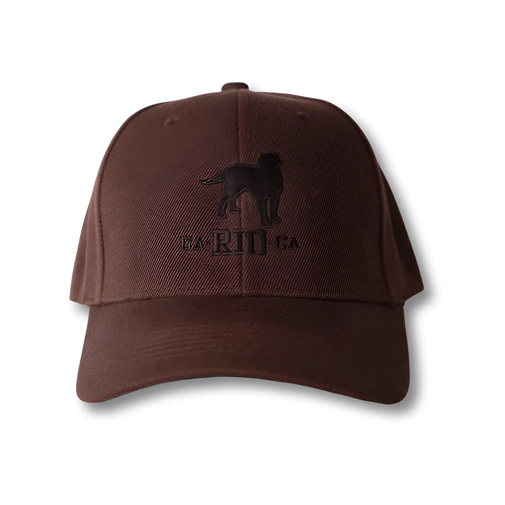 Brown baseball cap with black embroidered dog silhouette and darlie text from the stealth CA-RIO-CA logo collection