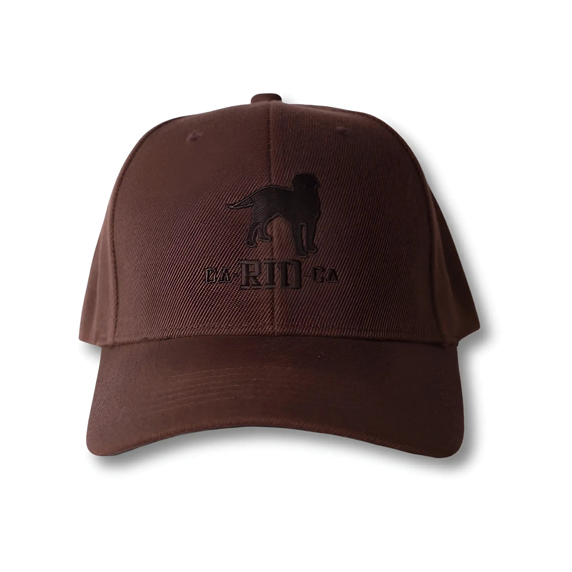 Brown baseball cap with black embroidered dog silhouette and darlie text from the stealth CA-RIO-CA logo collection