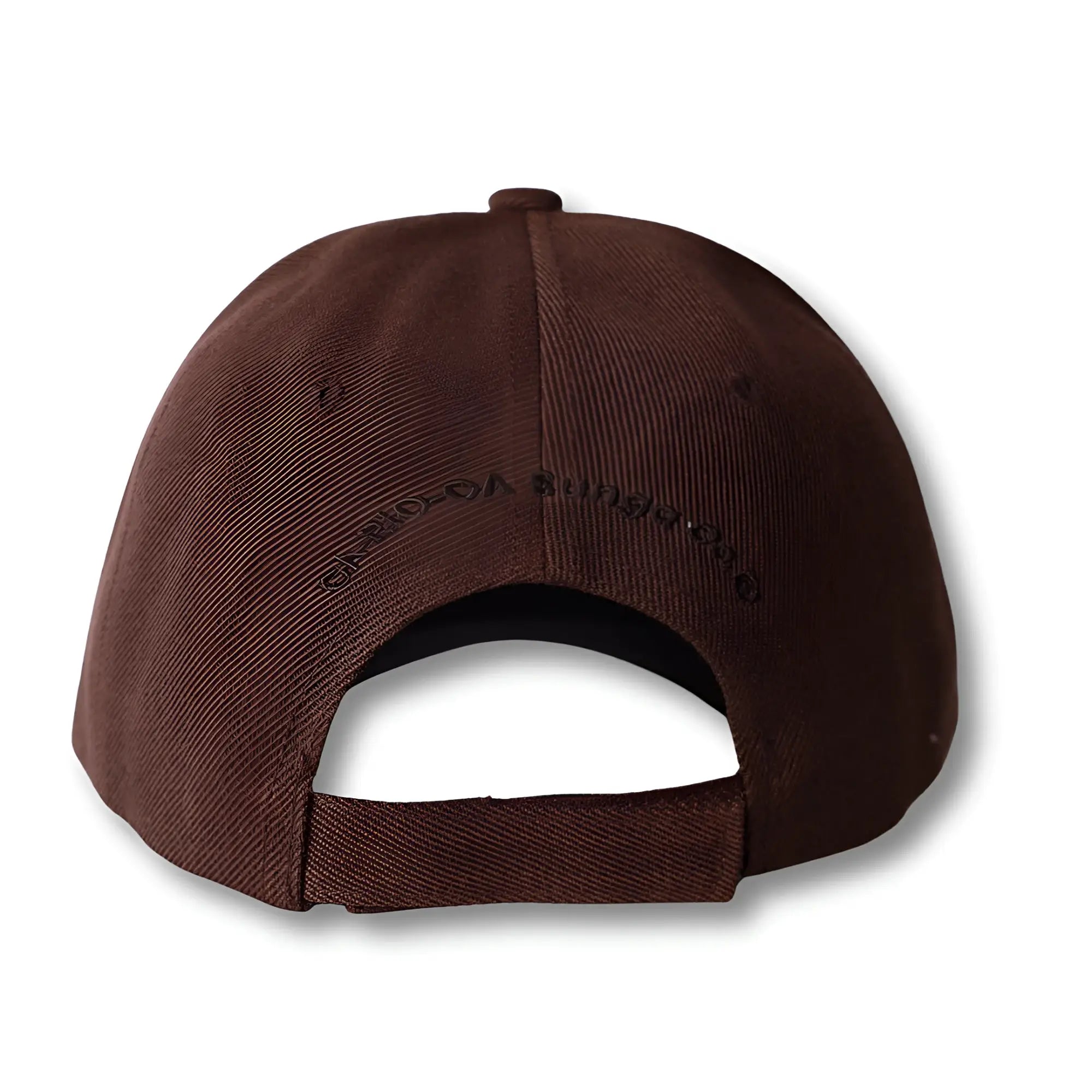 Brown baseball cap showing the back side with a stitched stealth ca-rio-ca logo embroidered for casual wear