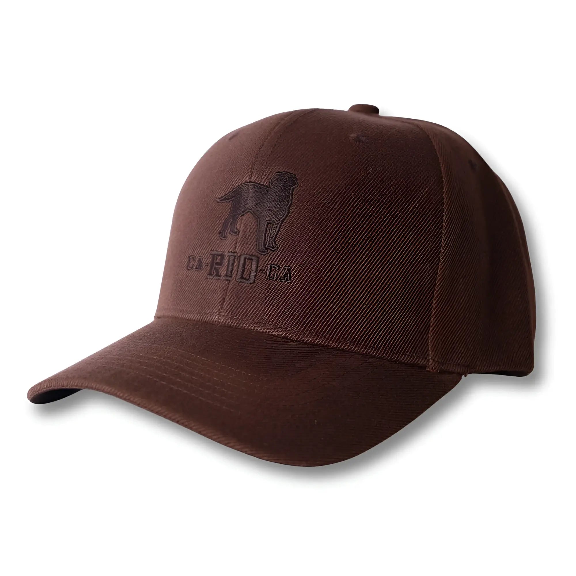Brown baseball cap with subtle embroidered dog silhouette and circuit text on front from The Stealth CA-RIO-CA collection