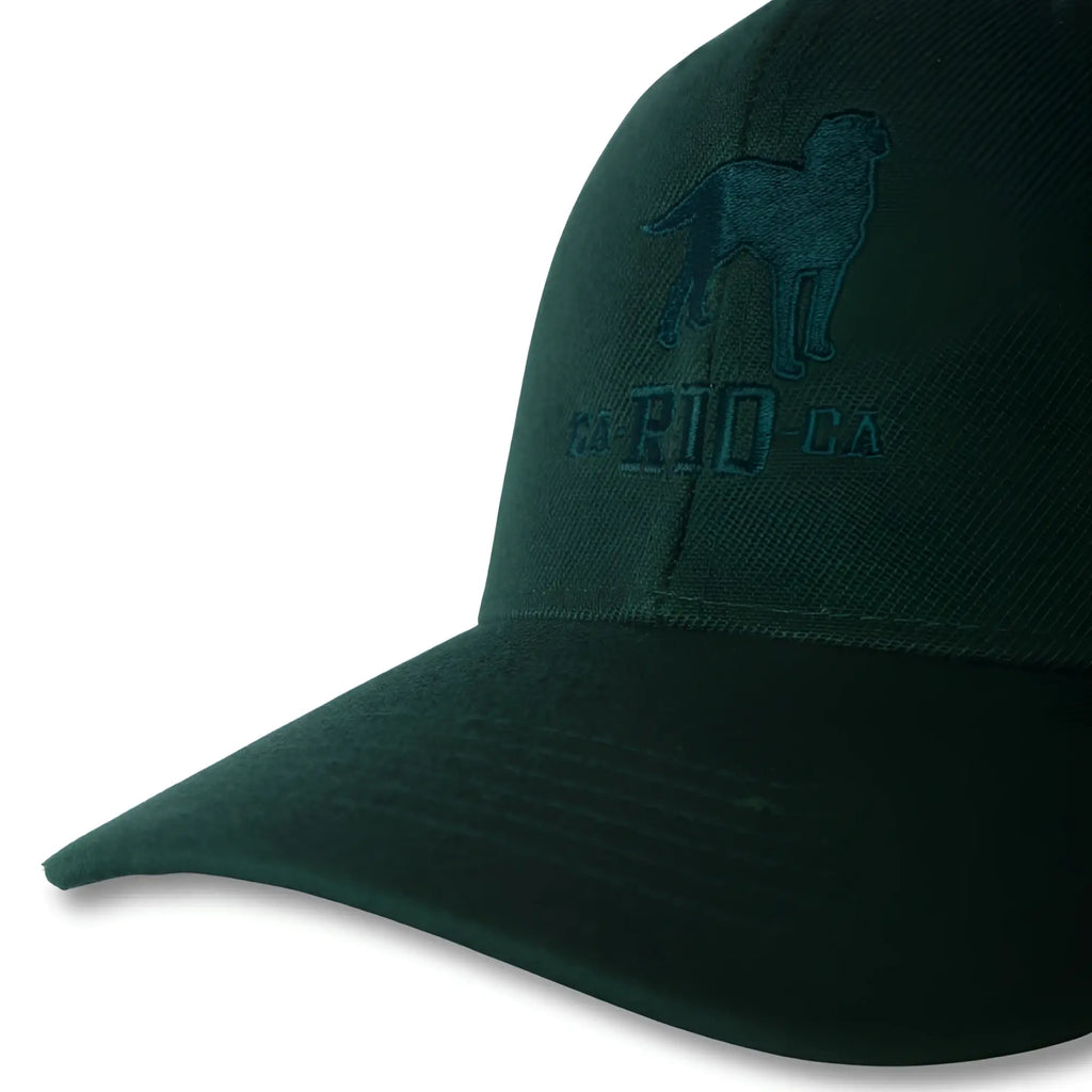 Dark green baseball cap with embroidered dog silhouette and ca bio-ca text in the stealth CA-RIO-CA logo style