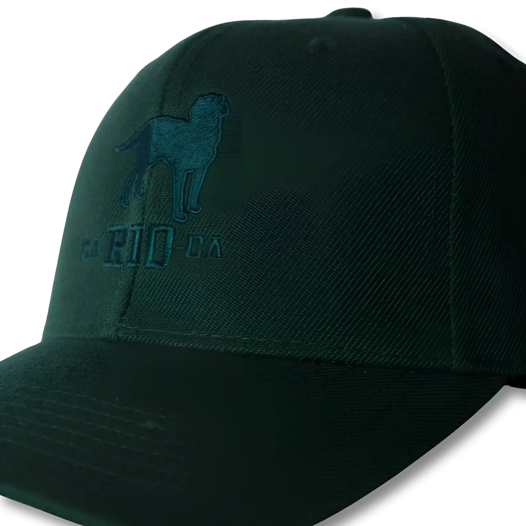 Dark green baseball cap with embroidered dog silhouette and rio ca text in teal thread from The Stealth CA-RIO-CA hat