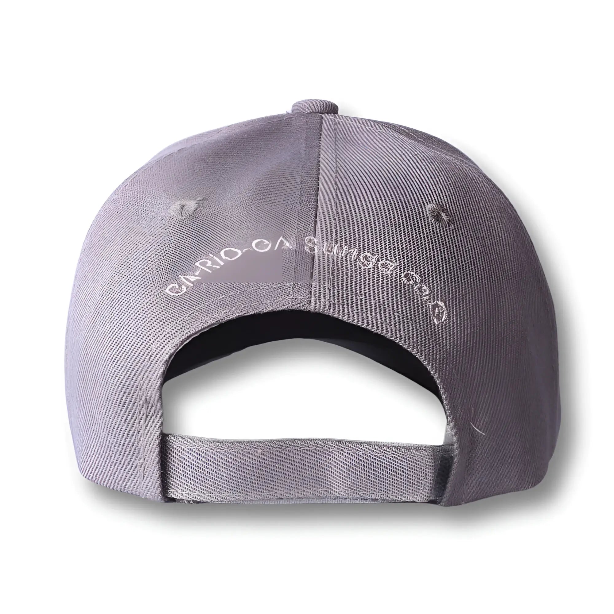 Gray baseball cap showing the back with white embroidered stealth ca-rio-ca logo on cotton fabric