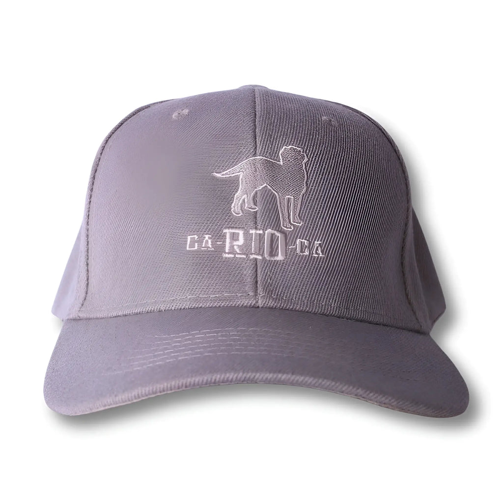 Gray baseball cap with white embroidered dog silhouette and ca rio ca text on front in stealth ca-rio-ca logo design