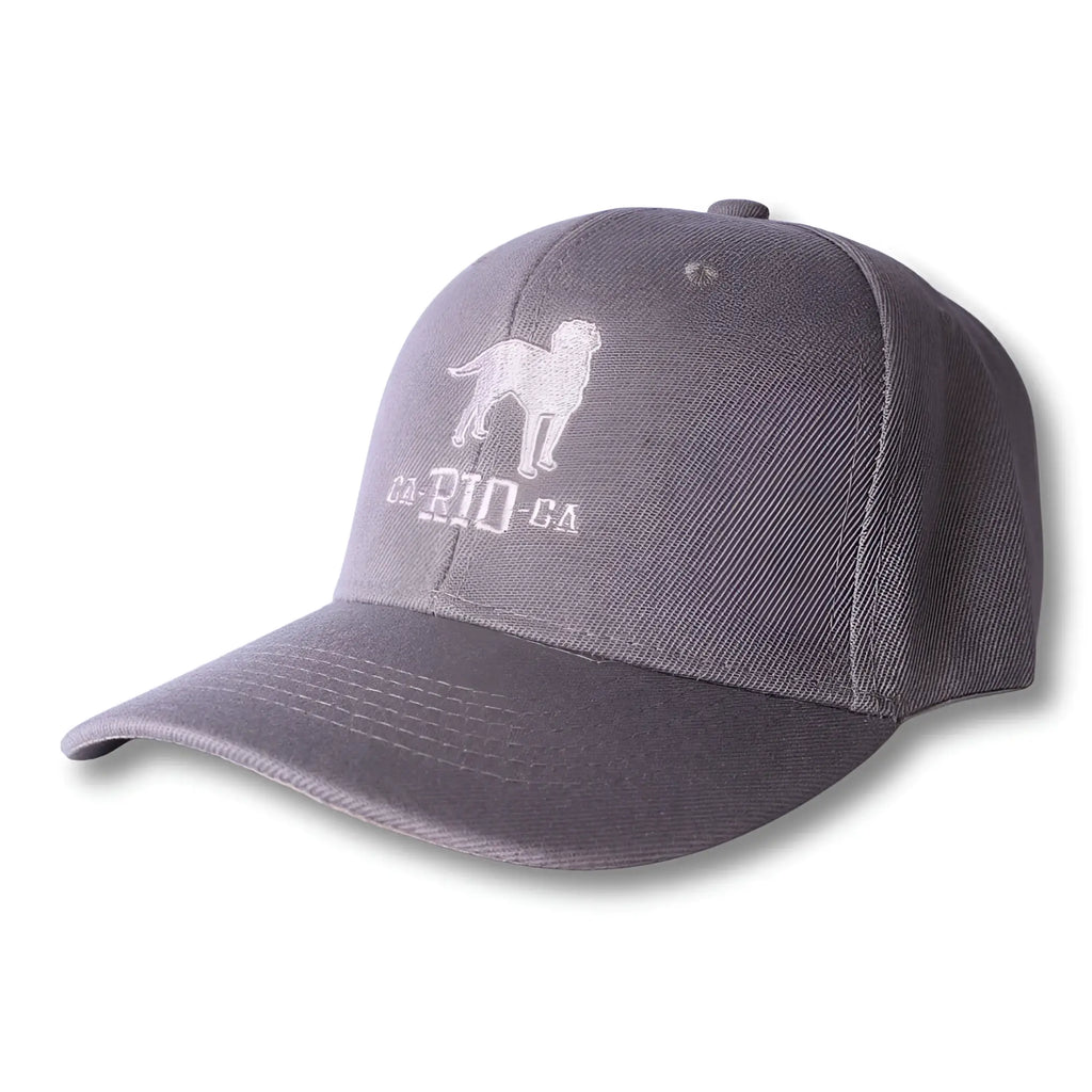 Gray baseball cap with white embroidered dog and ca rio ca text from the stealth ca-rio-ca logo collection