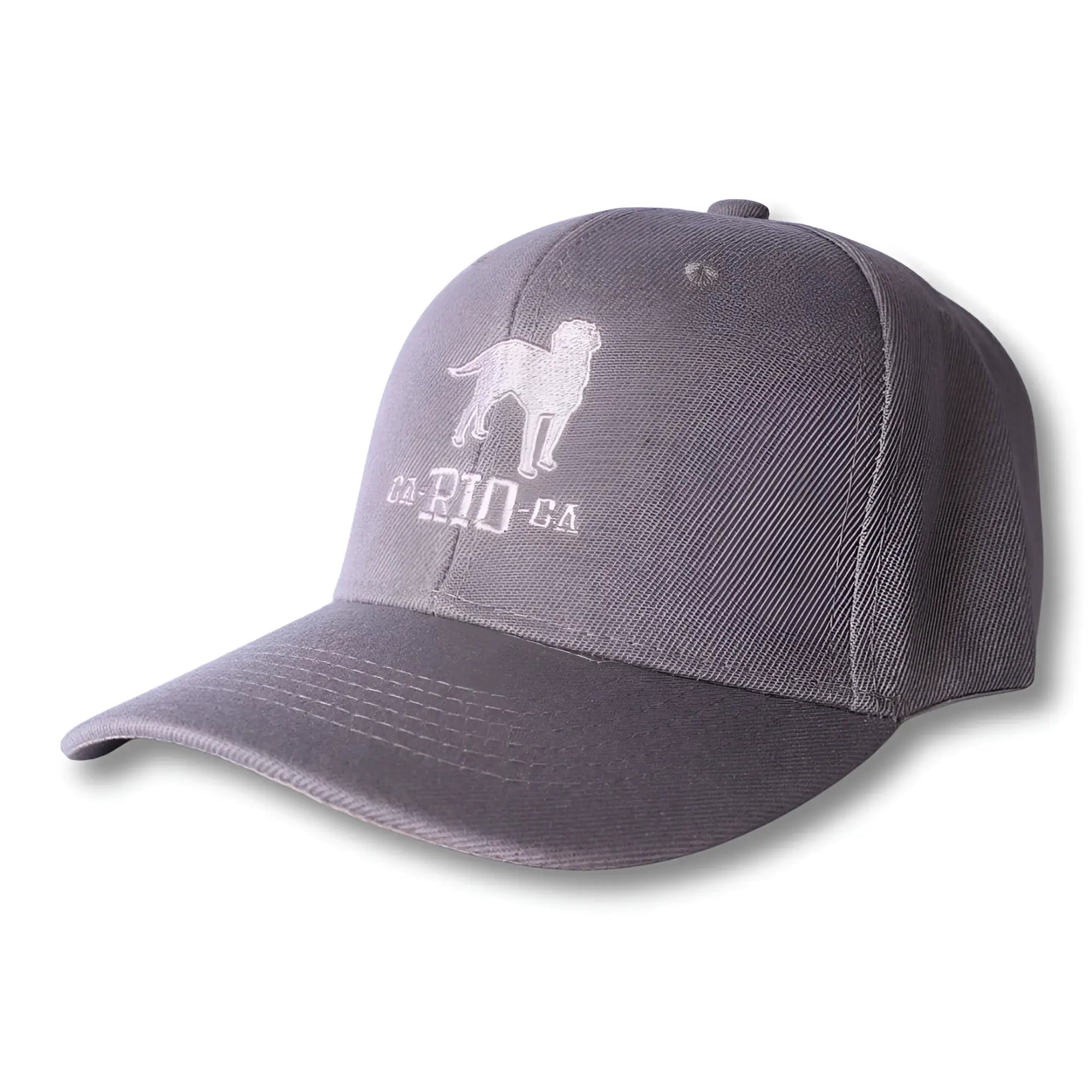 Gray baseball cap with white embroidered dog and ca rio ca text from the stealth ca-rio-ca logo collection
