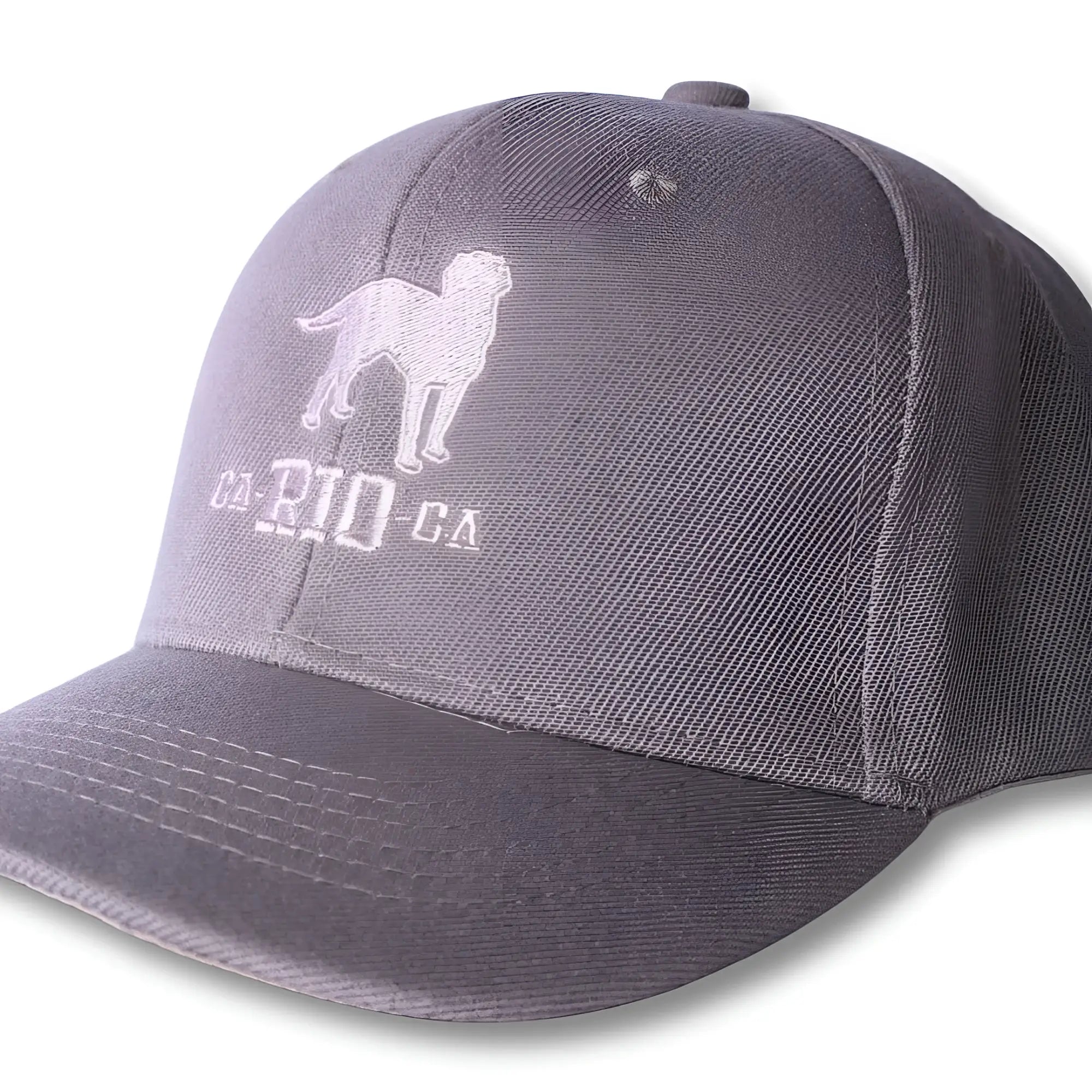 Gray baseball cap with a white embroidered dog silhouette and ca-rio-ca text in the stealth ca-rio-ca logo hat design