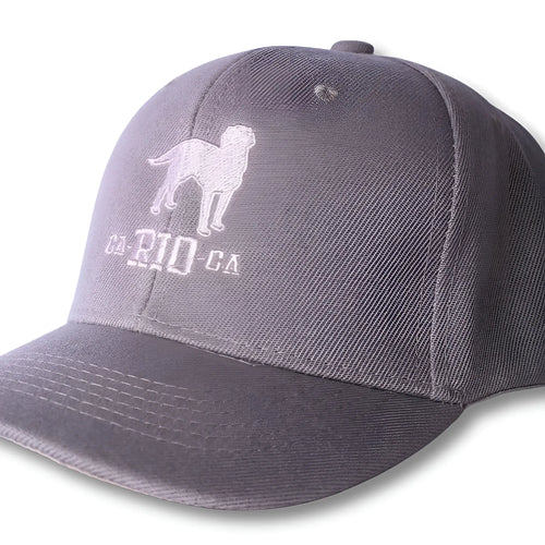 Gray baseball cap with a white embroidered dog silhouette and ca-rio-ca text in the stealth ca-rio-ca logo hat design