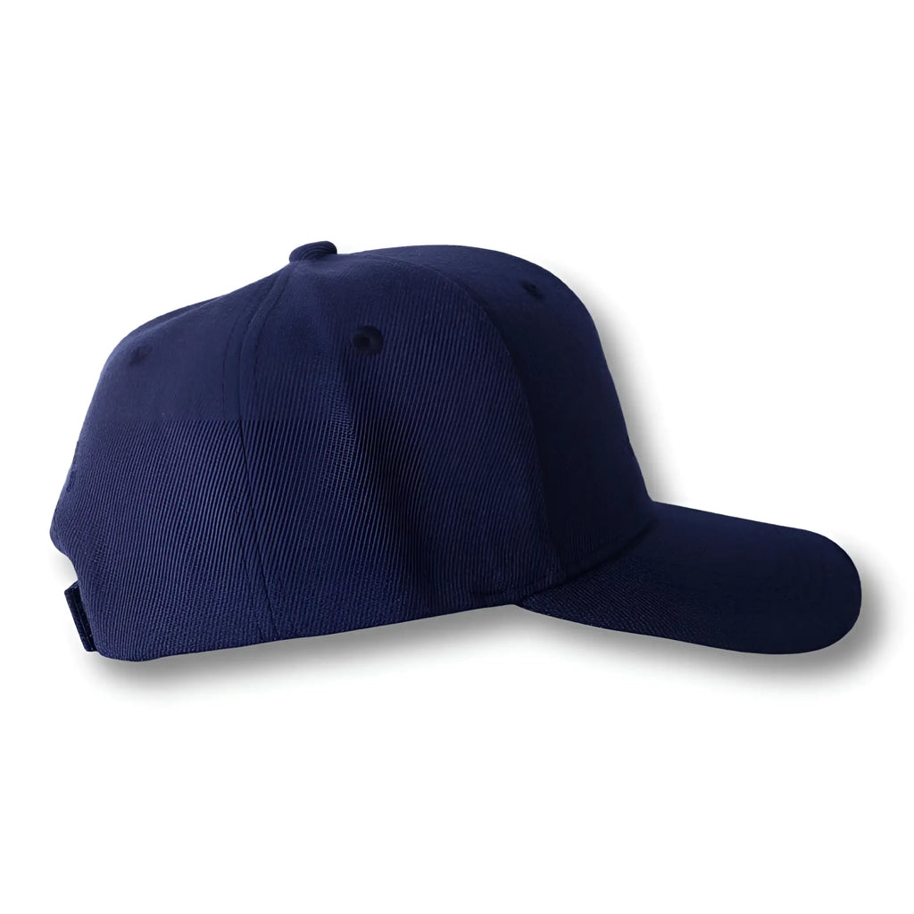 Navy blue baseball cap with structured crown curved brim and embroidered The Stealth CA-RIO-CA logo on front