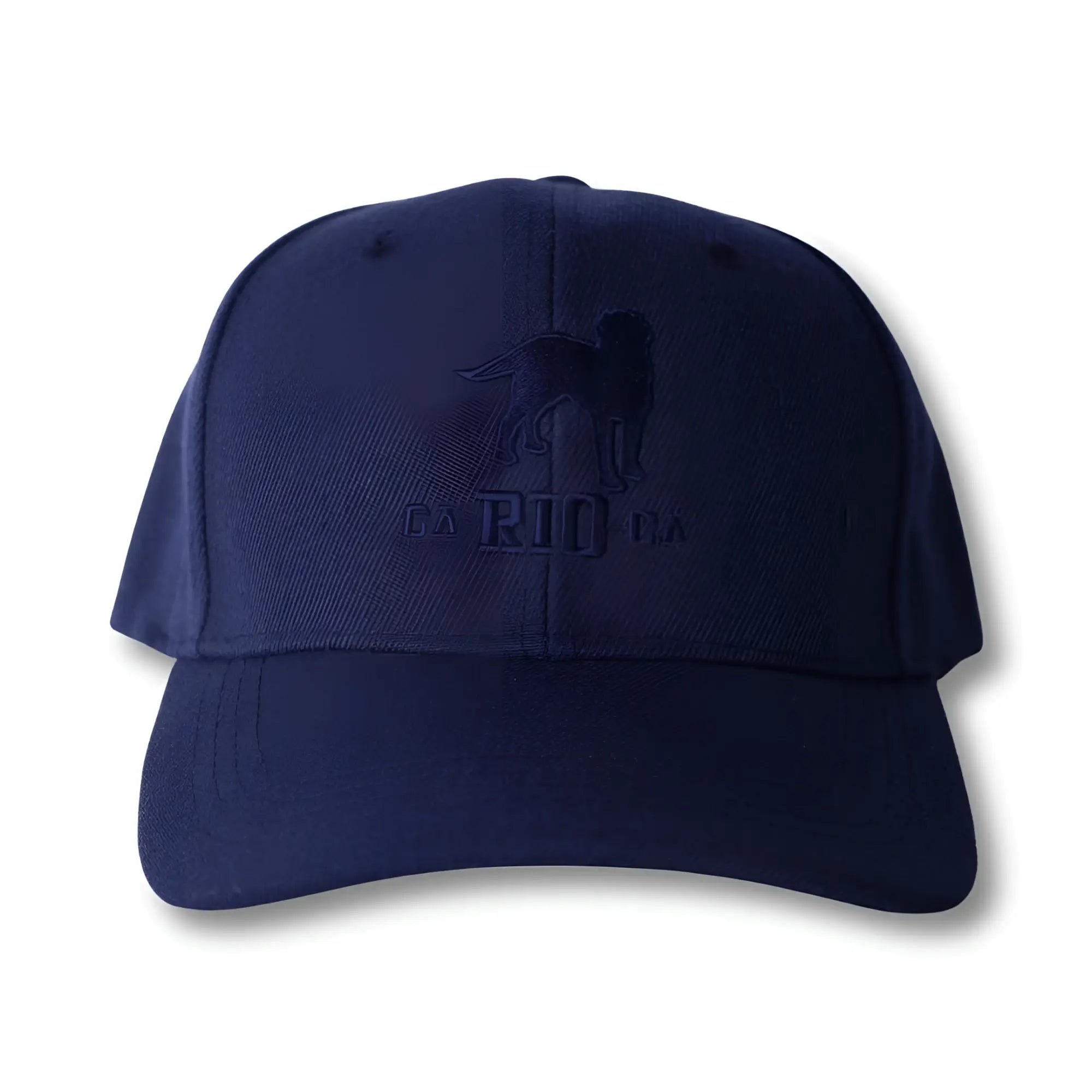 Navy blue baseball cap with subtle embroidered dog silhouette and ex rio text on the front from the stealth ca-rio-ca logo series