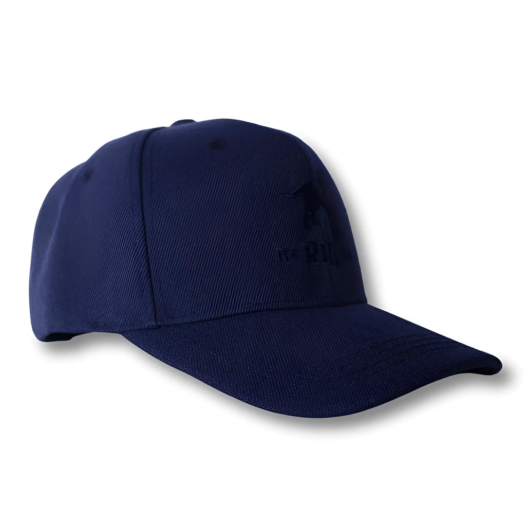 Navy blue baseball cap with subtle stealth ca-rio-ca logo embroidery on front in a casual cotton fabric design