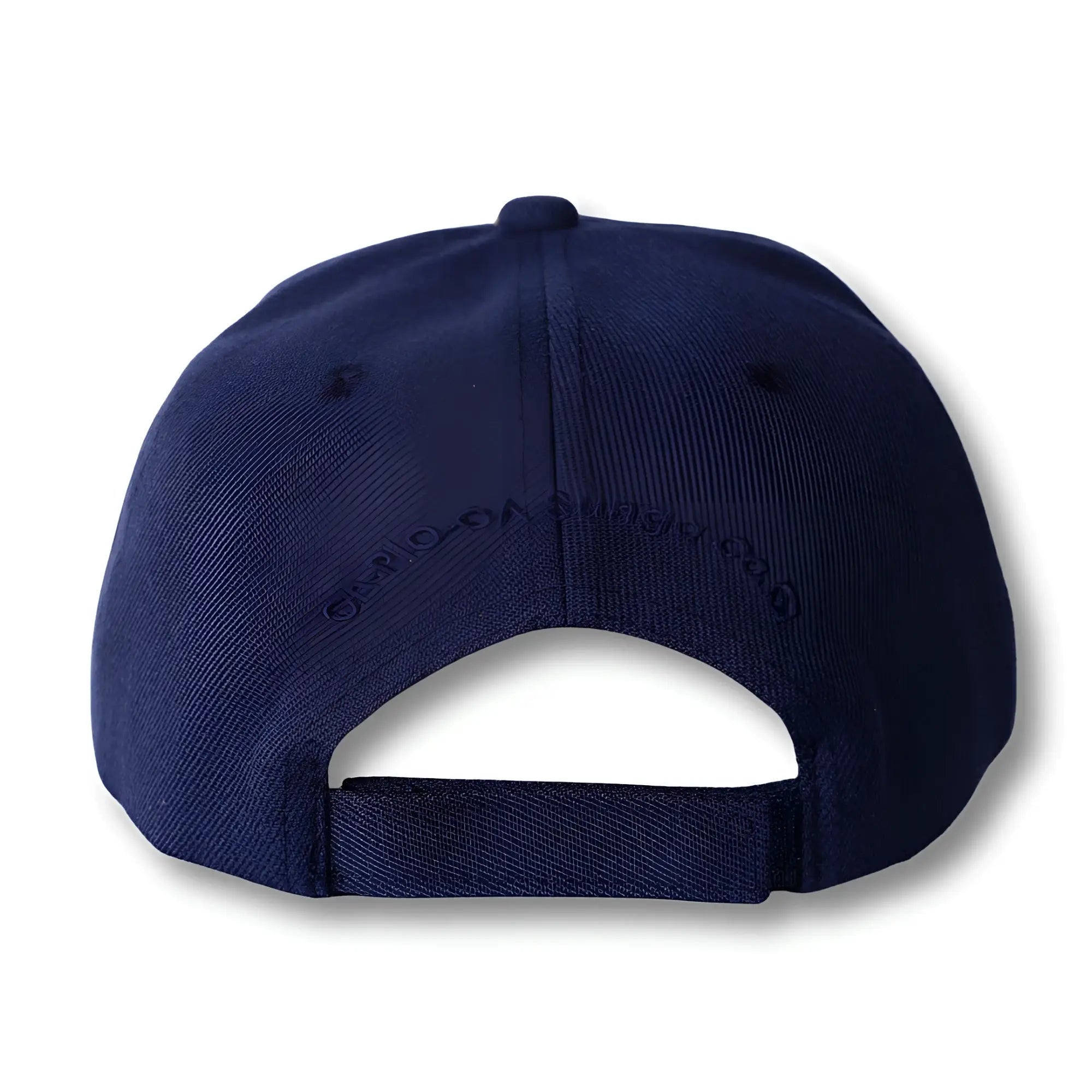 Navy blue cotton baseball hat with embroidered stealth ca-rio-ca logo shown from the back side