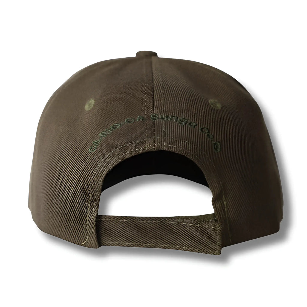 Olive green cotton baseball cap with chico chango embroidered text on the back from the stealth ca-rio-ca logo series