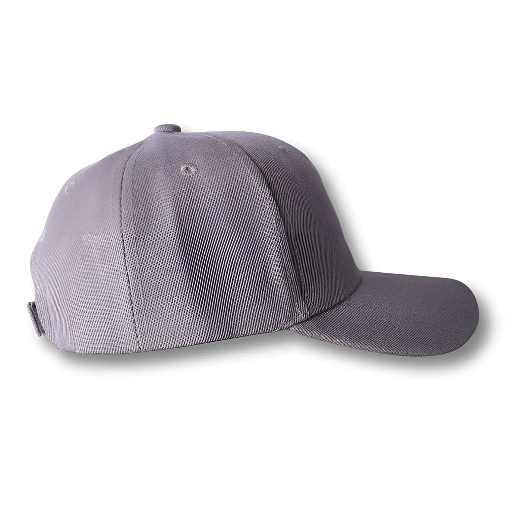 A sleek solid gray baseball hat with structured crown and curved brim embroidered with the stealth ca-rio-ca logo