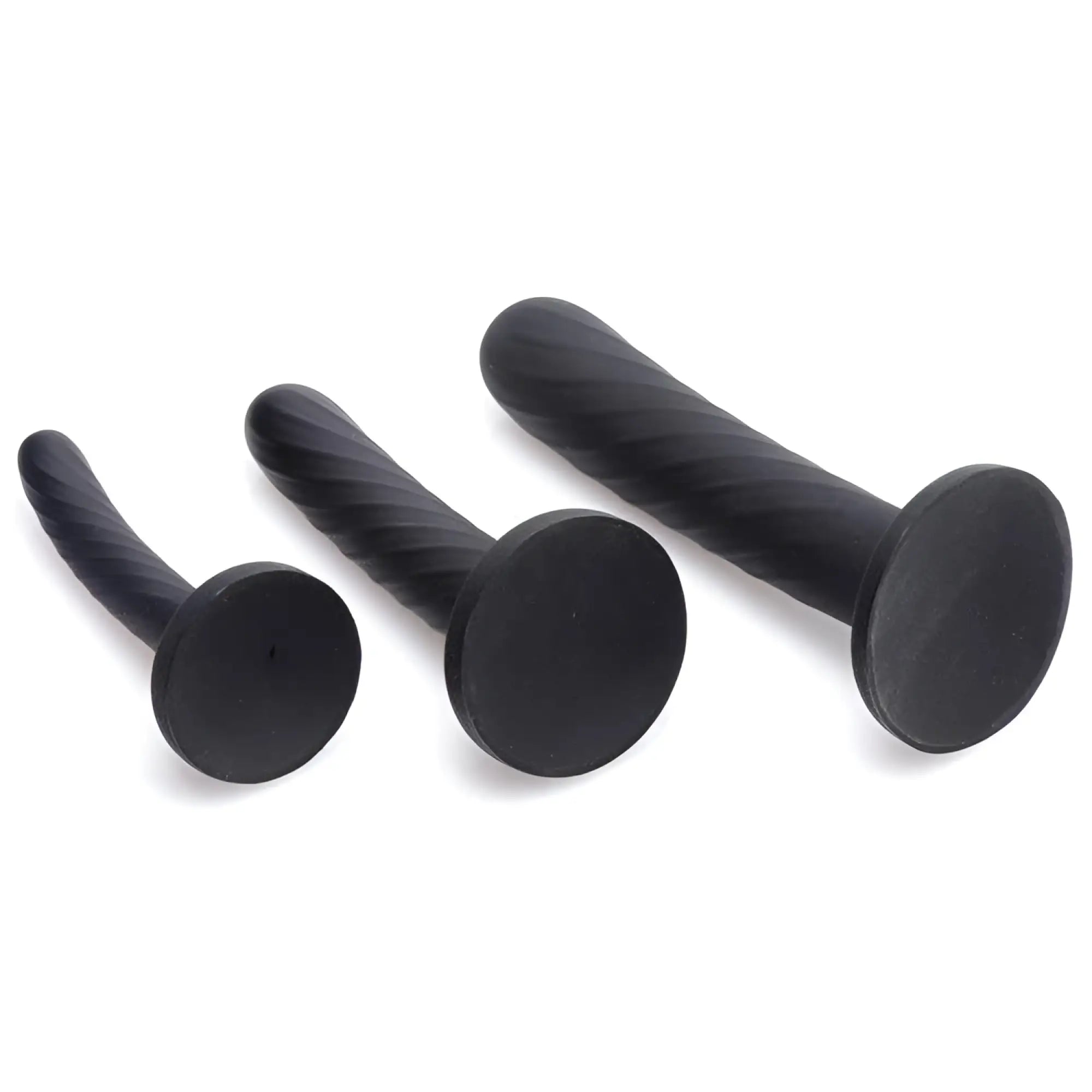 Strap U 3-piece silicone strap-on set in black, featuring three ribbed, spiral-textured phallic attachments.