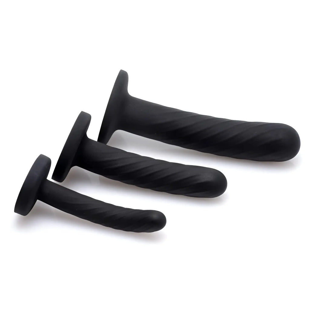 Strap U 3-piece silicone strap-on set in black featuring three spiraled, smooth-textured phallic toys of varying sizes.