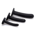 Strap U 3-piece silicone strap-on set in black featuring three spiraled, smooth-textured phallic toys of varying sizes.