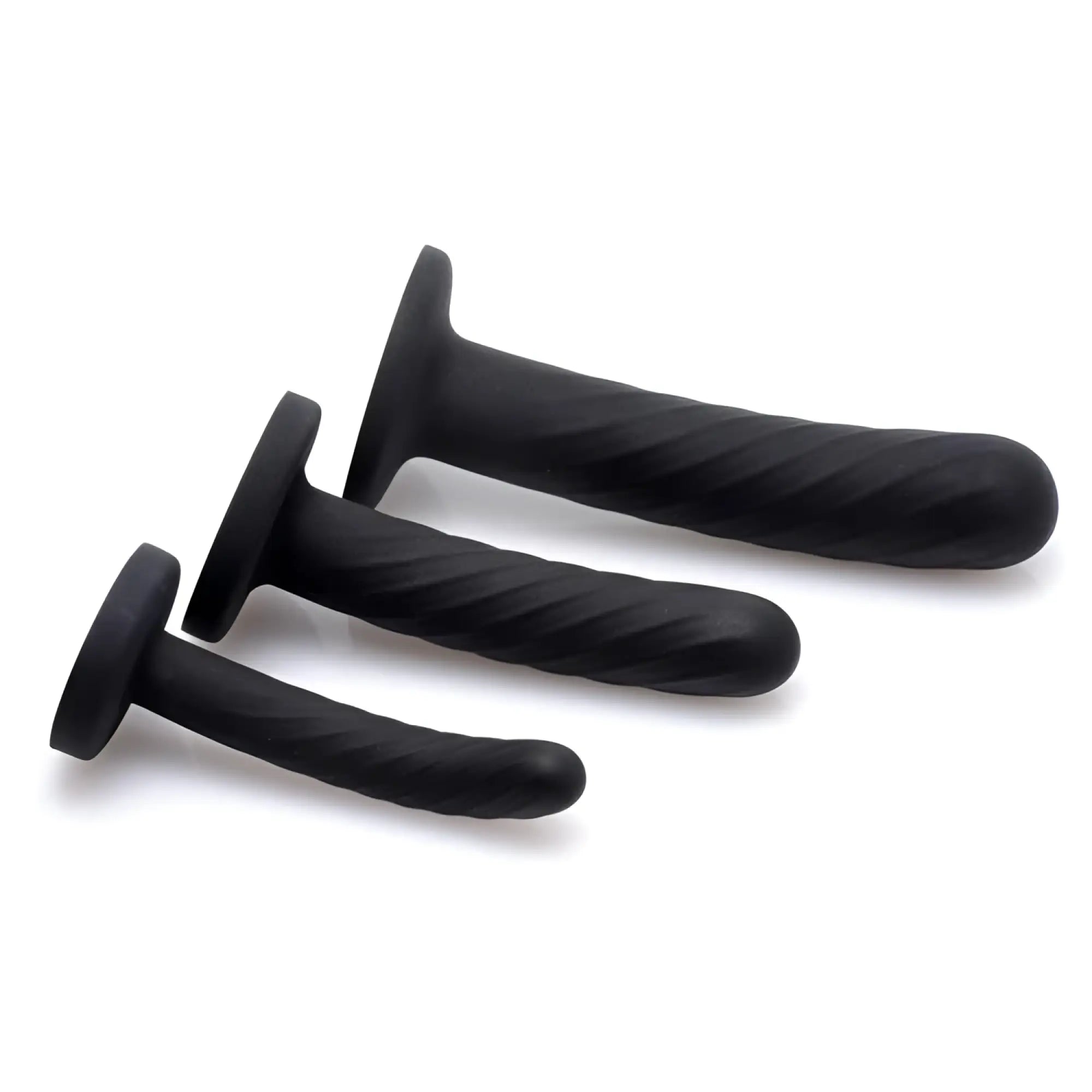 Strap U 3-piece silicone strap-on set in black featuring three spiraled, smooth-textured phallic toys of varying sizes.