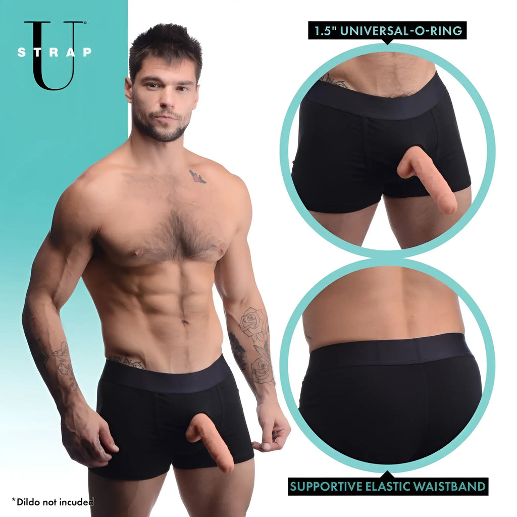 Strap U Armor Boxer Harness in black, featuring a 1.5" universal O-ring and supportive elastic waistband.