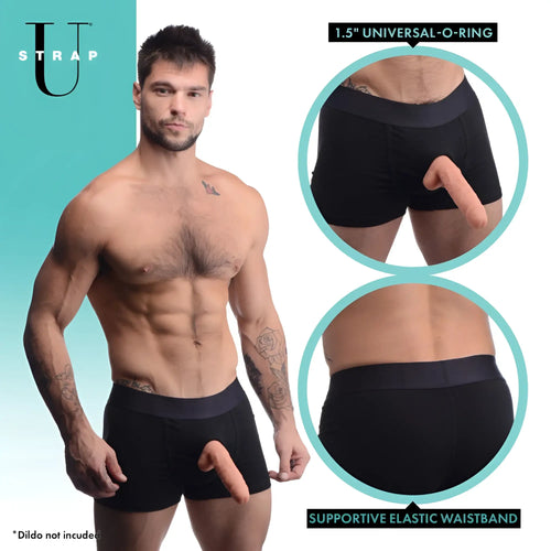 Strap U Armor Boxer Harness in black, featuring a 1.5" universal O-ring and supportive elastic waistband.