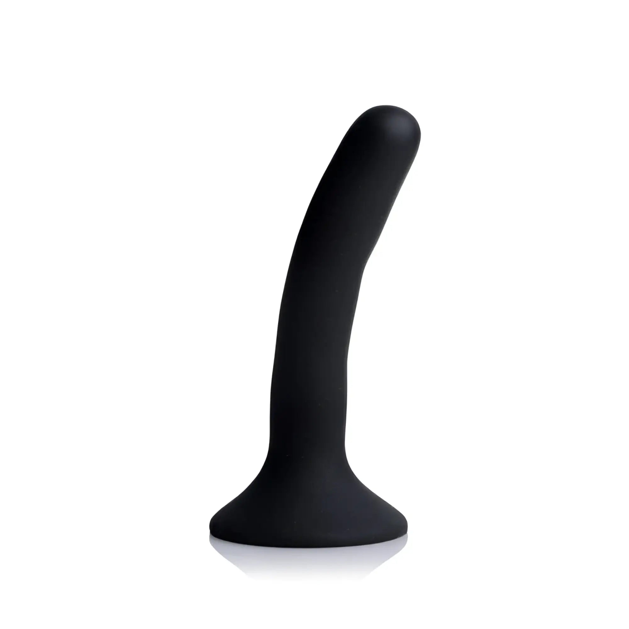 Small black Strap U silicone dildo with a curved shaft and flared base, isolated against a white background.