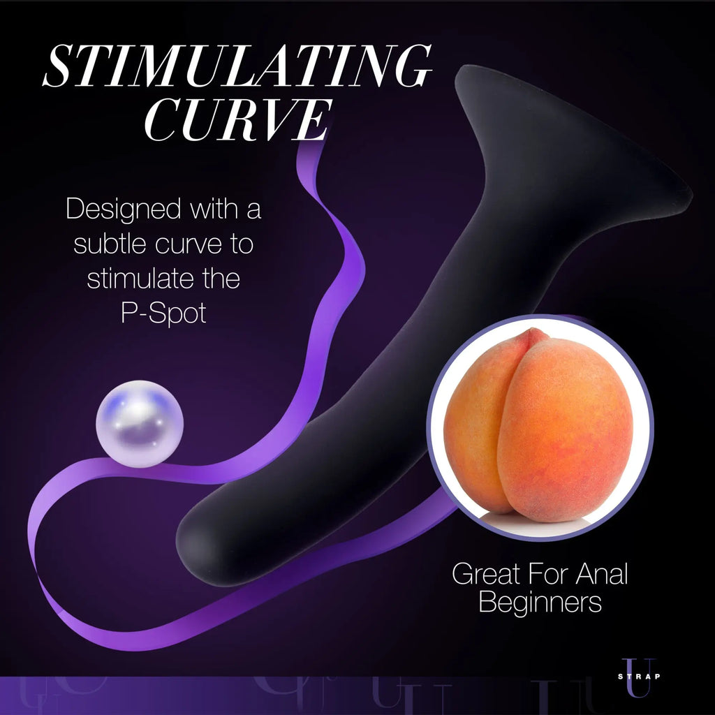 Small black Strap U silicone dildo with a curved shaft and flared base, displayed with a peach graphic on dark purple.