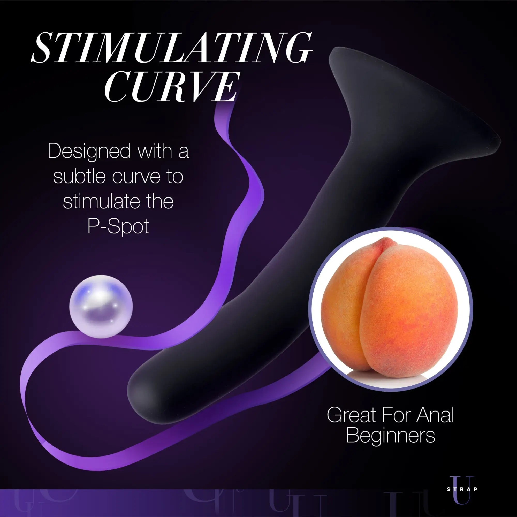 Small black Strap U silicone dildo with a curved shaft and flared base, displayed with a peach graphic on dark purple.