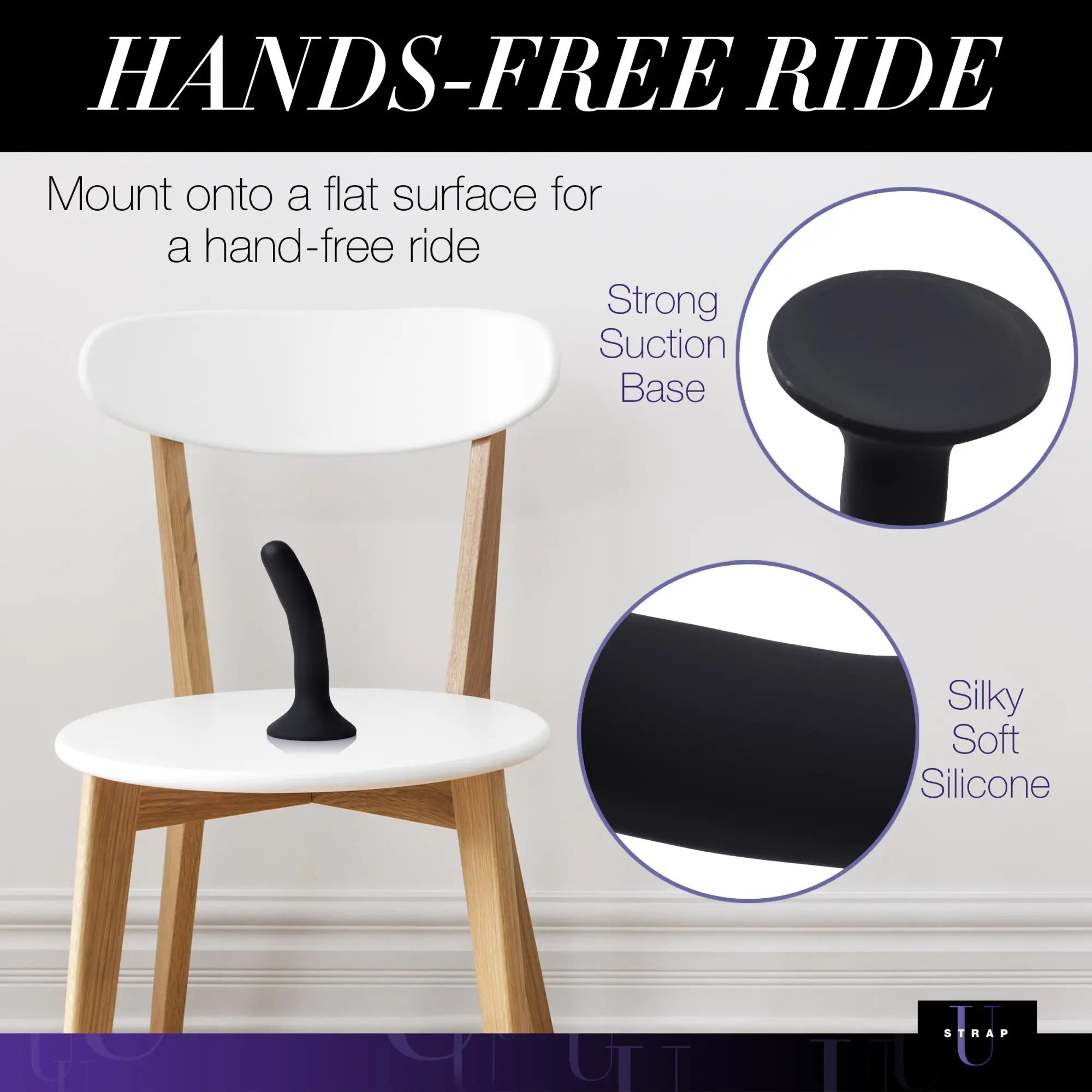 Strap U Small Black Silicone Dildo on a chair, featuring a smooth design and a strong suction base for hands-free use.