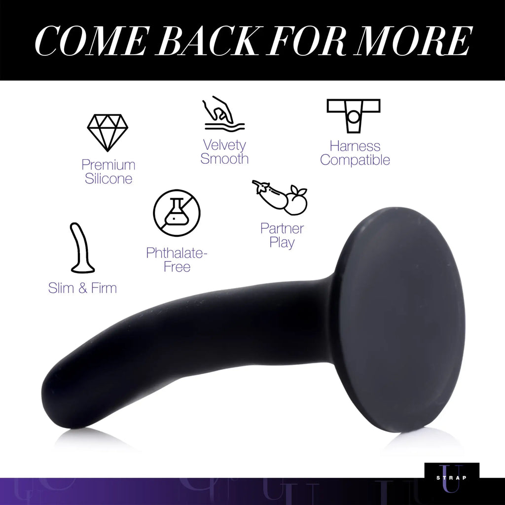 Strap U Black Silicone Dildo (Small) with icons illustrating features like harness compatibility and phthalate-free material.