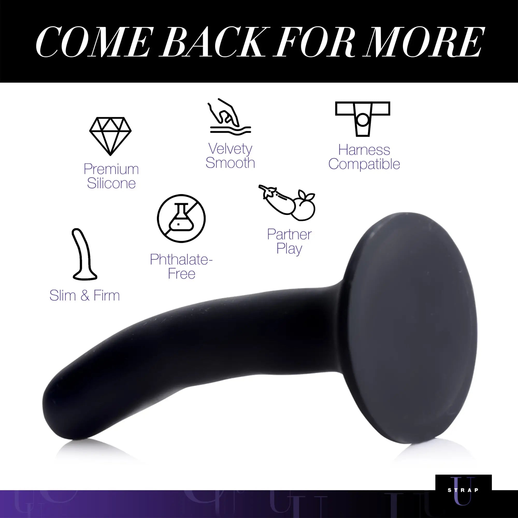 Strap U Black Silicone Dildo (Small) with icons illustrating features like harness compatibility and phthalate-free material.