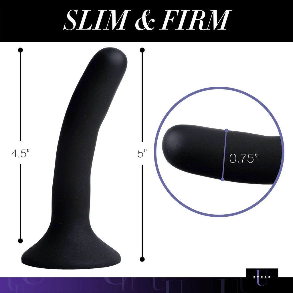 Strap U Small black silicone dildo shown with length and width dimensions marked. Slim, firm, curved style.
