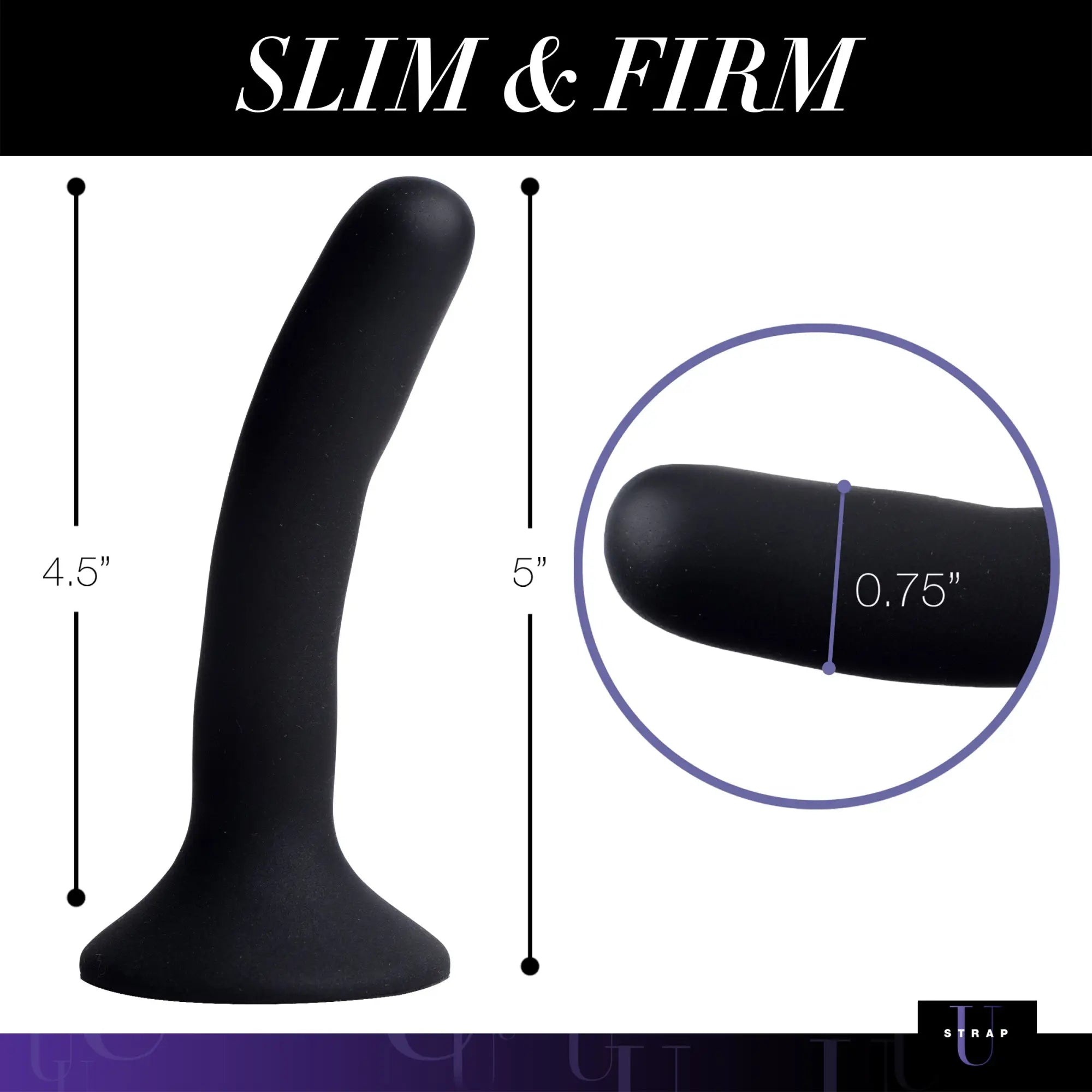 Strap U Small black silicone dildo shown with length and width dimensions marked. Slim, firm, curved style.