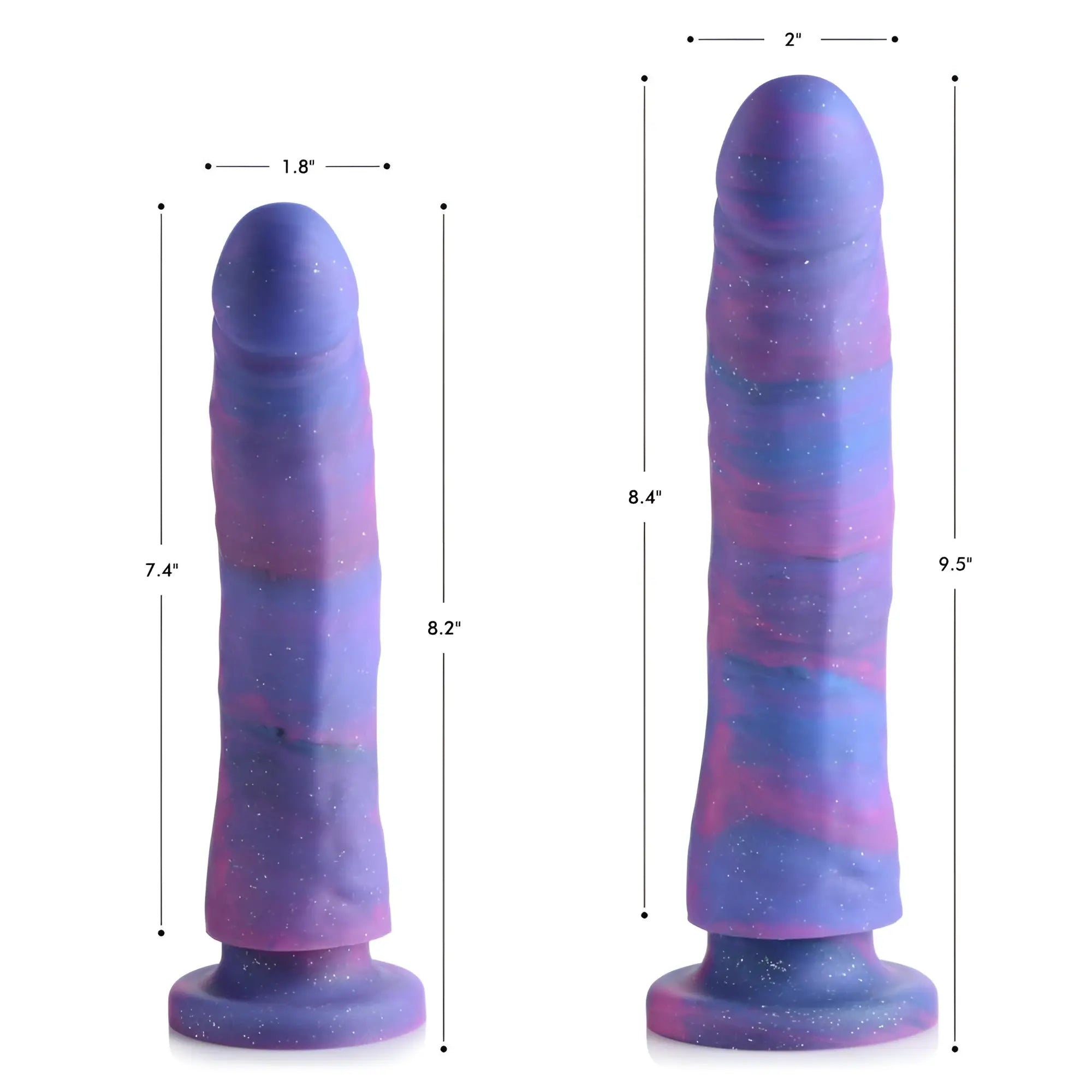 Strap U Magic Stick glitter silicone dildos in two sizes, featuring a purple and pink swirled pattern with measurements.