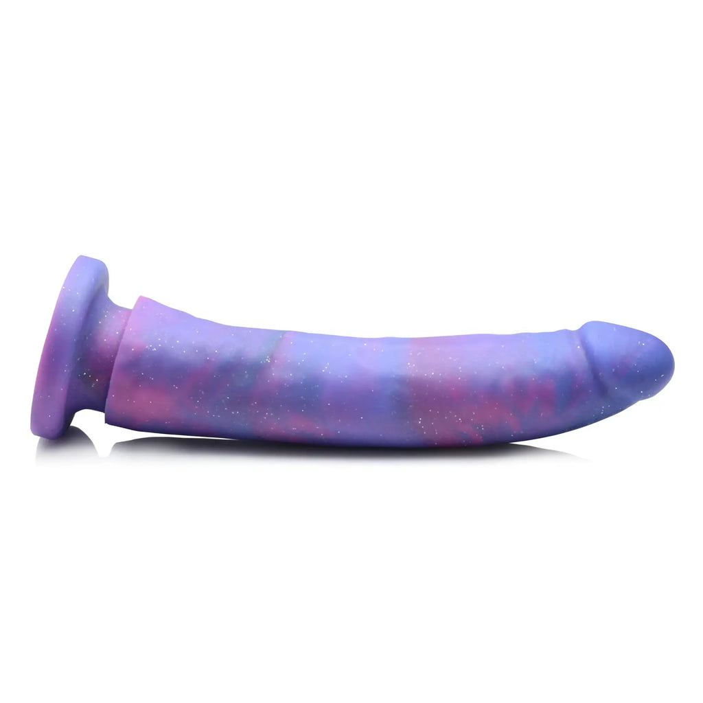 Strap U Magic Stick glitter silicone dildo in purple and pink swirl, featuring a rounded base and tapered head.