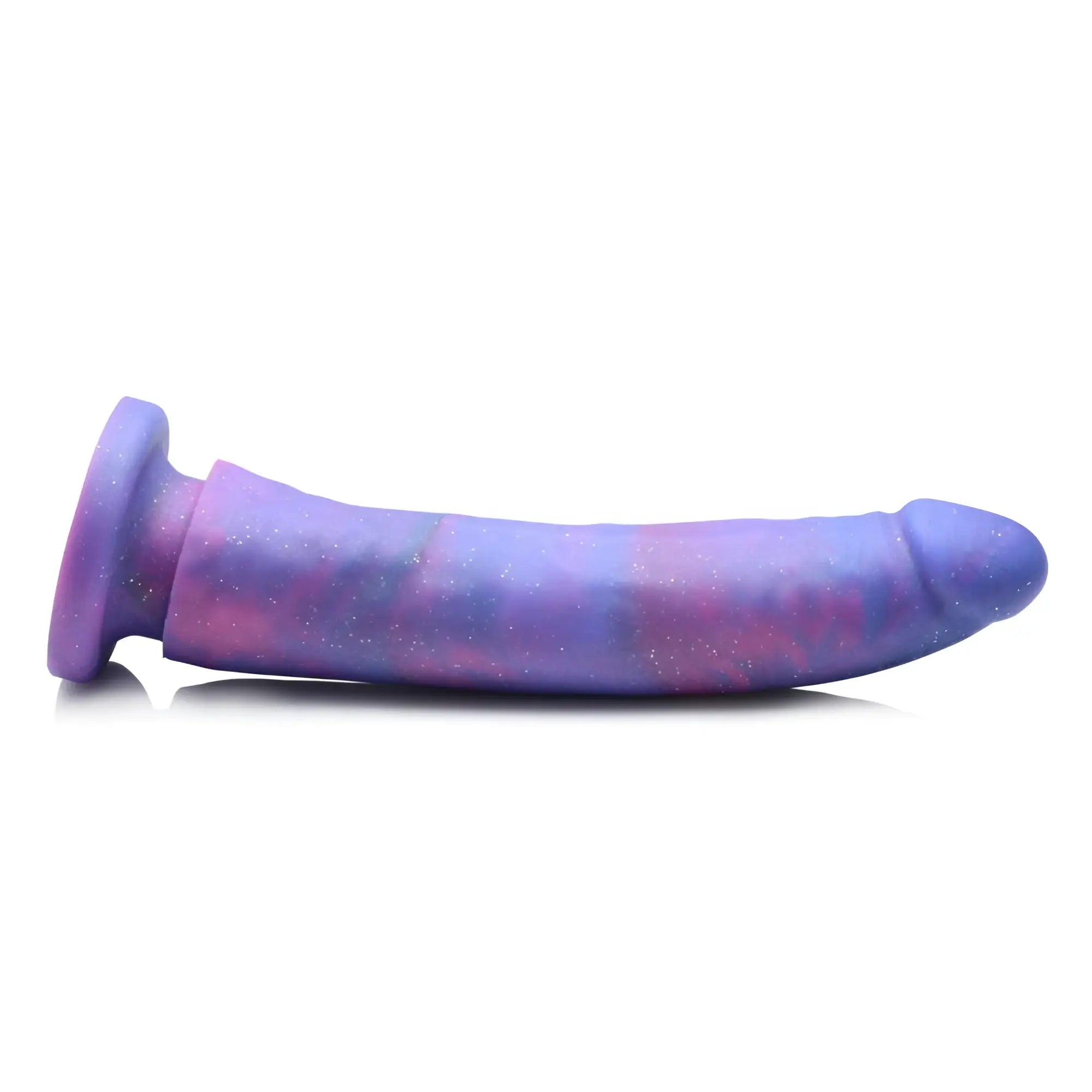 Strap U Magic Stick glitter silicone dildo in purple and pink swirl, featuring a rounded base and tapered head.