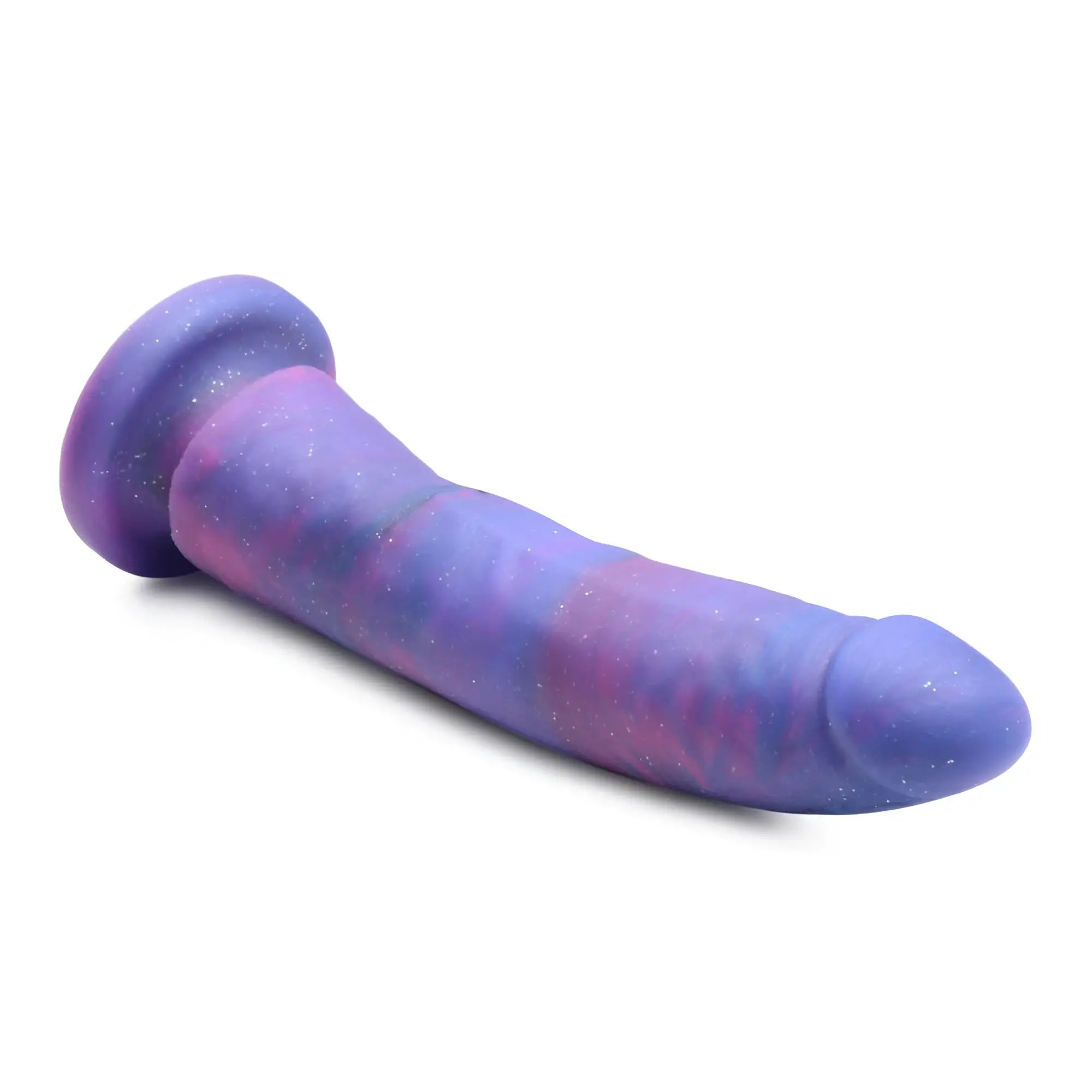 Strap U Magic Stick silicone dildo in a purple and pink marble pattern with embedded glitter, shown on a white background.