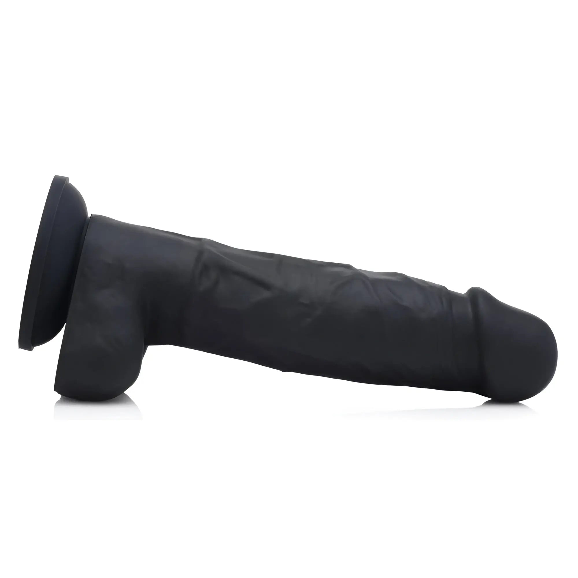 Strap U Power Pecker 7-inch black silicone dildo with textured detail and a suction cup base, shown from the side.
