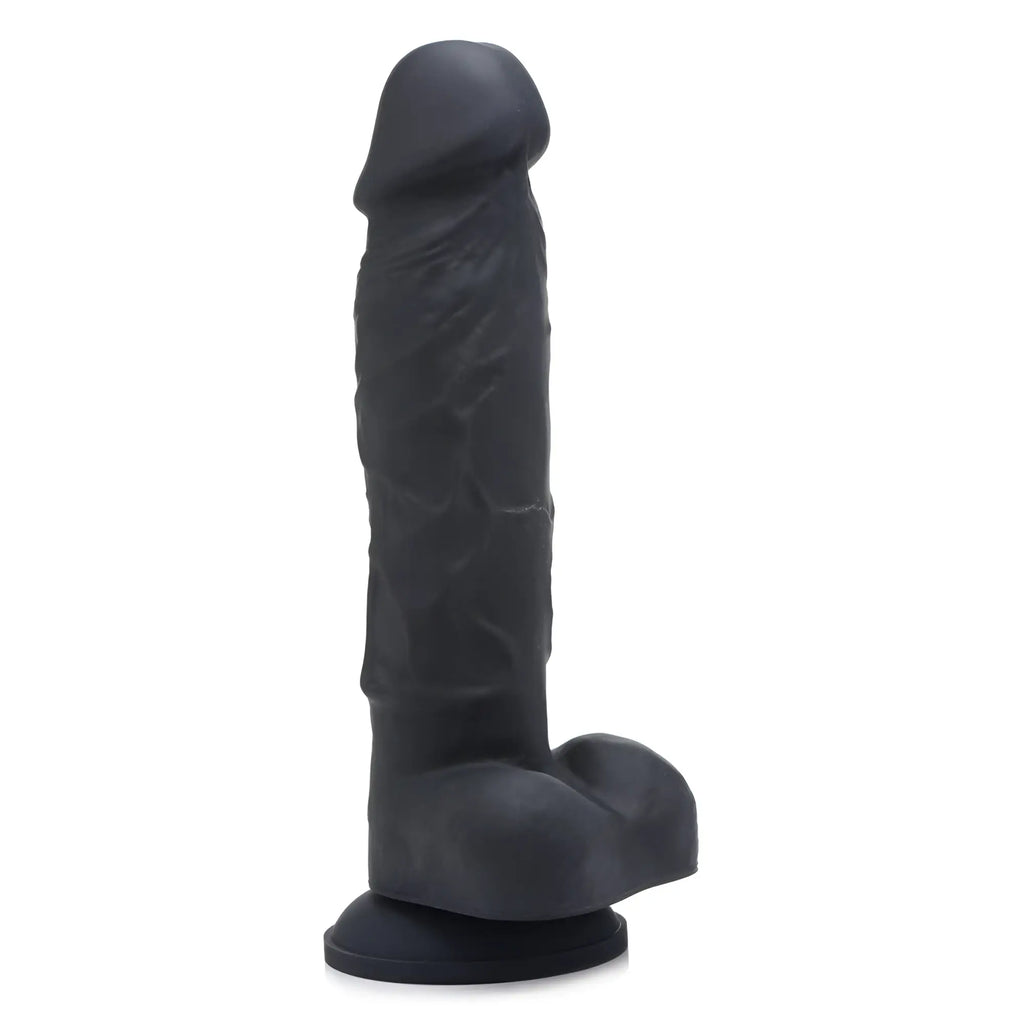 Strap U Power Pecker 7-inch black silicone dildo with realistic veins, textured detail, and a sturdy suction cup base.