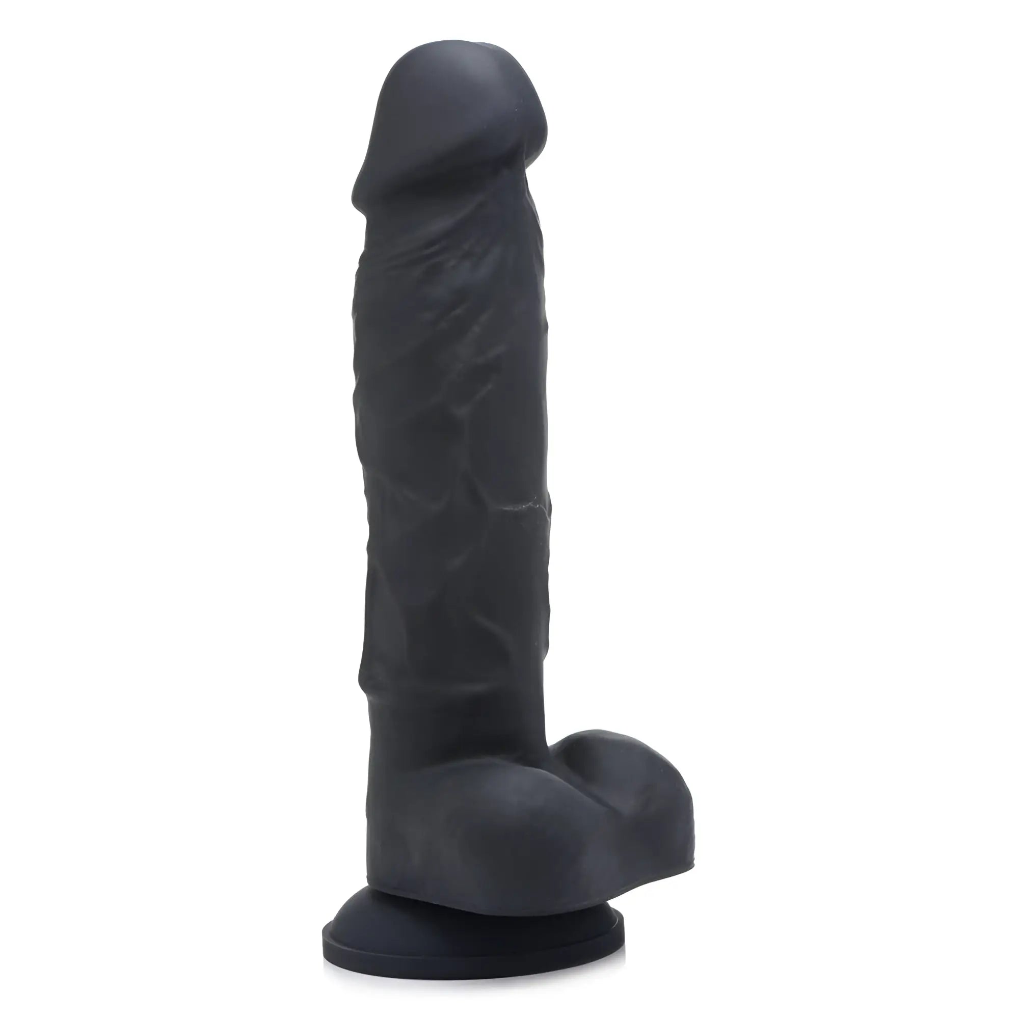 Strap U Power Pecker 7-inch black silicone dildo with realistic veins, textured detail, and a sturdy suction cup base.