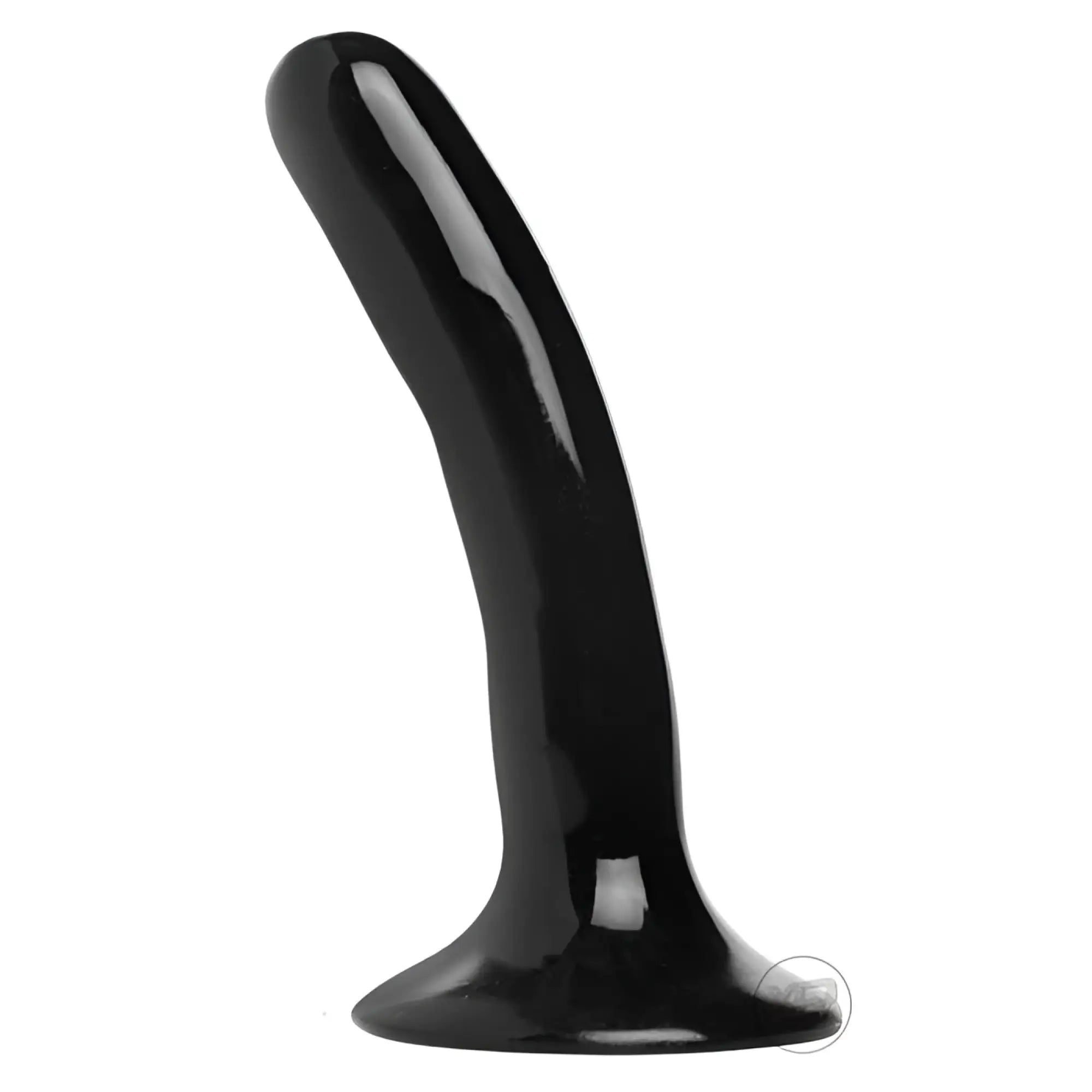 Strap U Slim strap-on harness dildo: a smooth, curved, glossy black silicone dildo with a flared base.