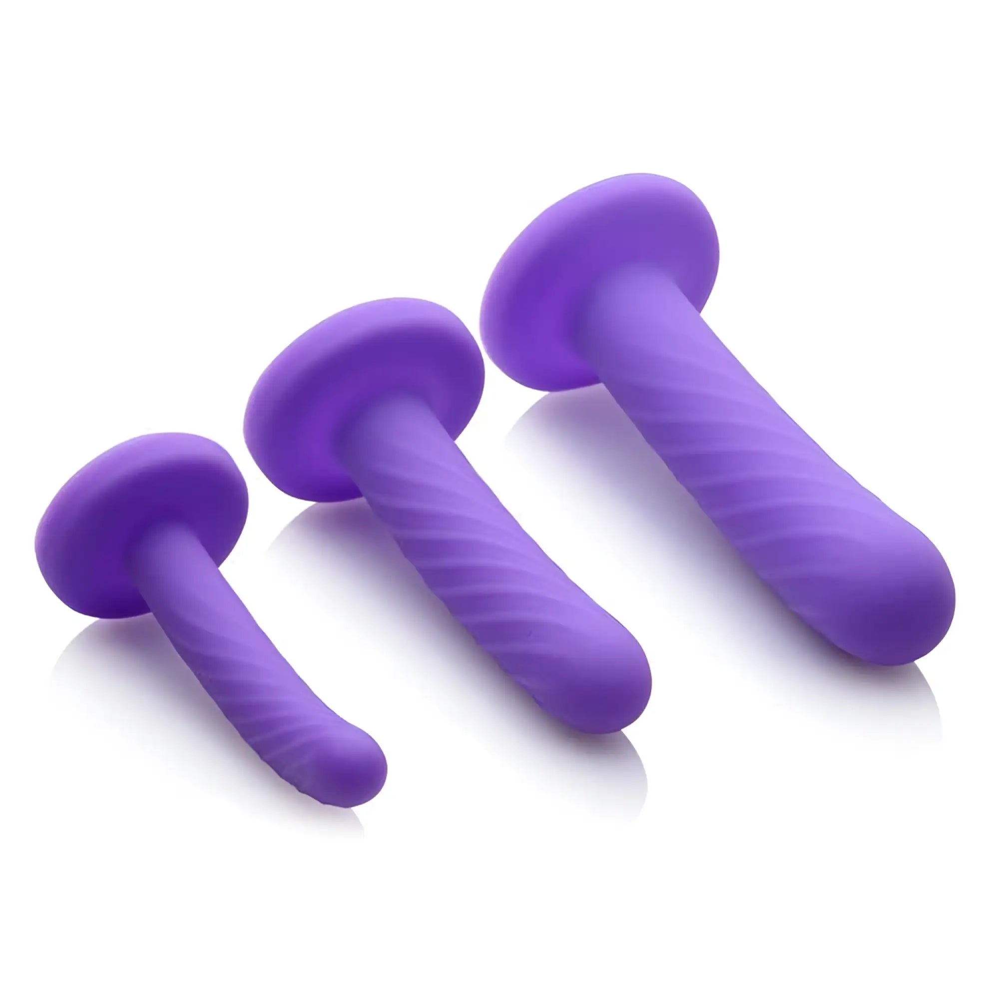 Strap U Tri-Play 3-piece set: three purple silicone dildos of varying lengths, all with a spiral, textured shaft.
